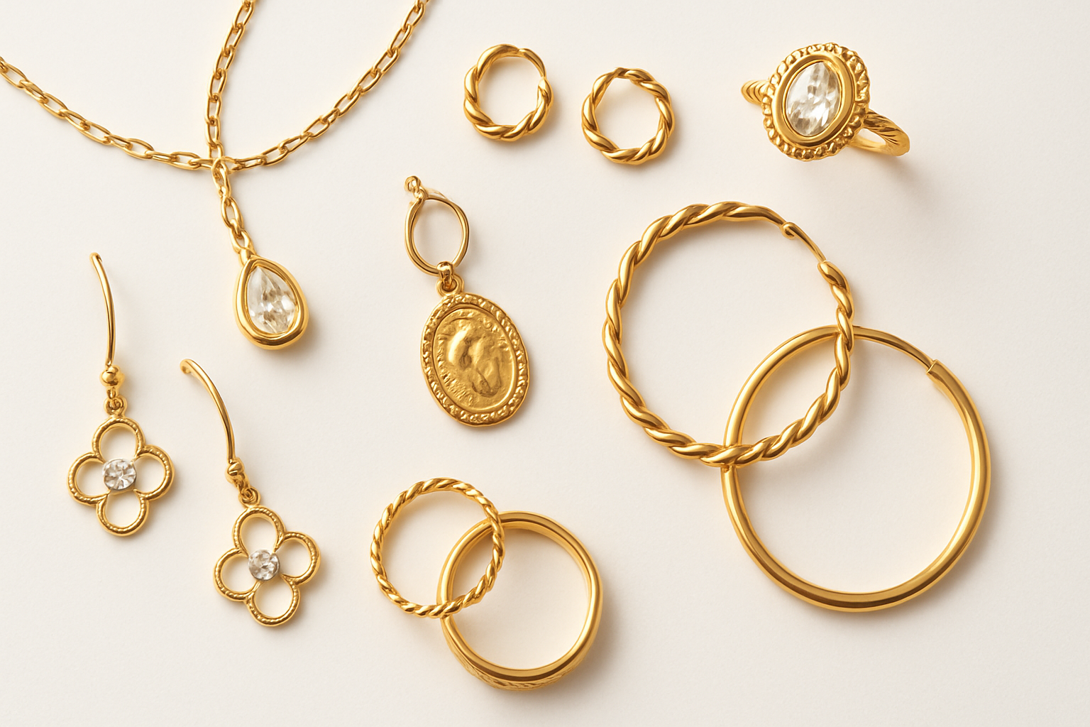 create a jewelerry image wallpaper with white background and the jewelerry should be in gold colour 