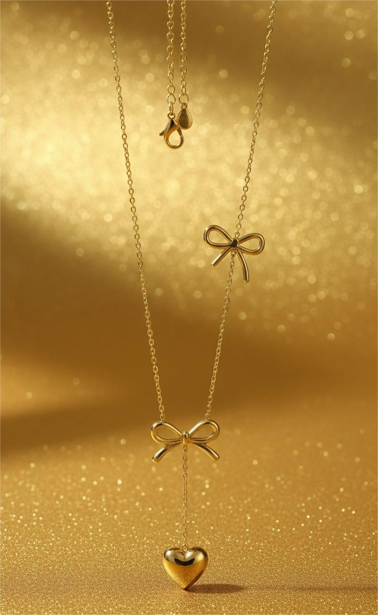 The Romantic Bow & Puffed Heart Dangler Necklace